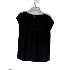 Nicole Miller Black Bohochic Cap Sleeve Peasant Top w/Black Floral Applique M